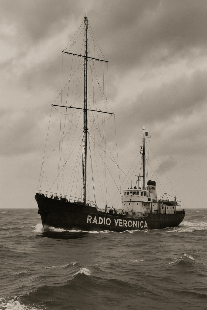 A black and white photograph captures a radio ship