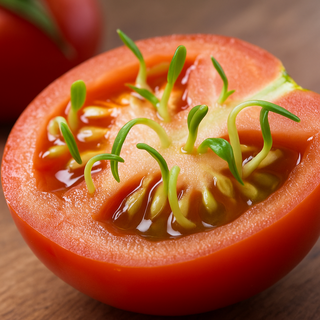 A digital photograph captures a sliced ripe tomato
