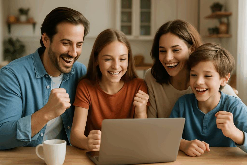 A photograph captures a Caucasian family of four g