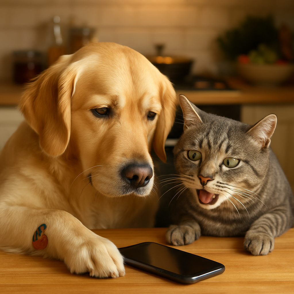 A photograph captures a Golden Retriever and a gre