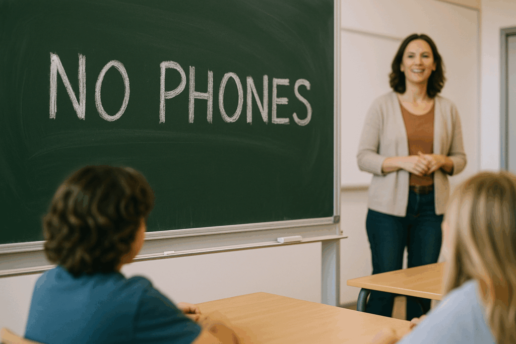A photograph captures a classroom scene where a la