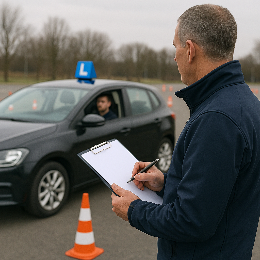A photograph captures a driving school instructor