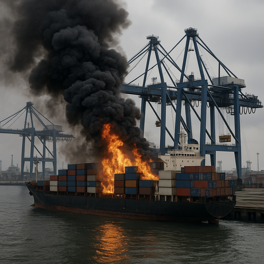 A photograph captures a large container ship engul