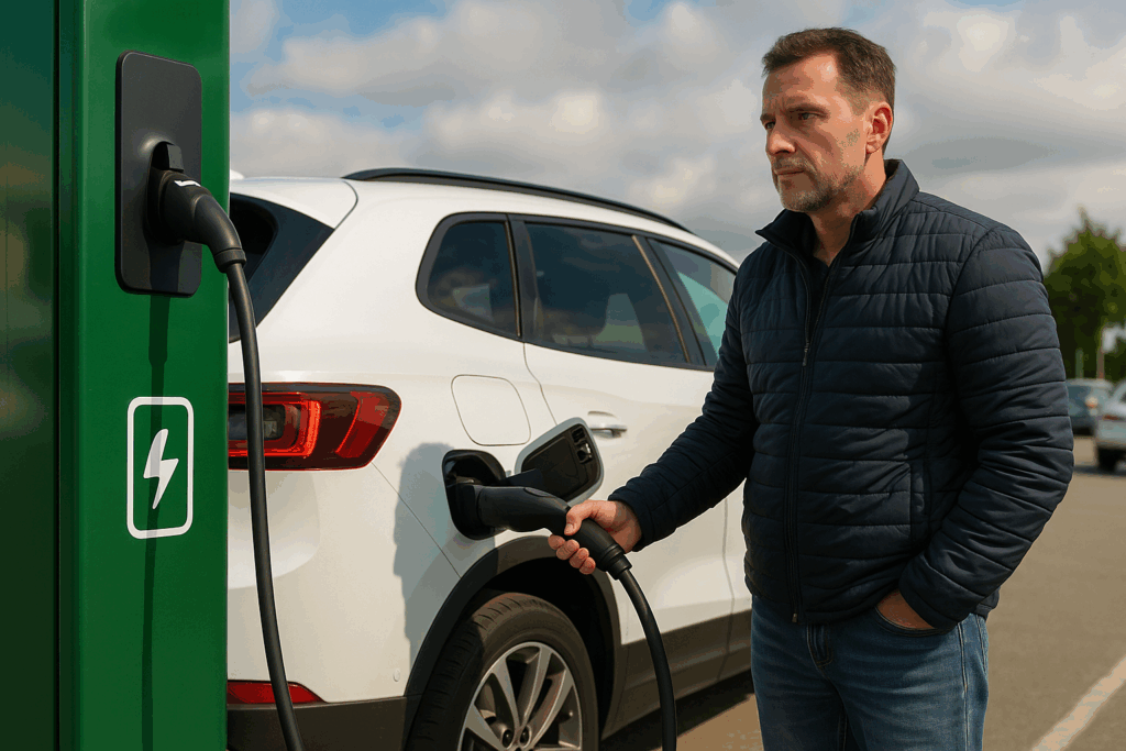 A photograph captures a man charging a white elect