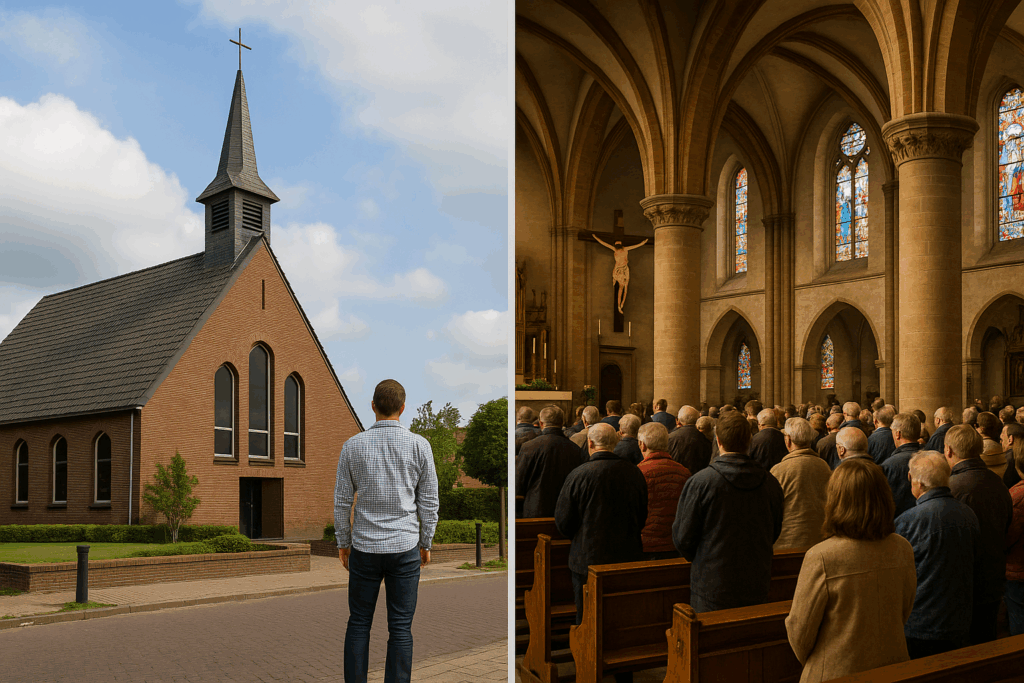 A photograph captures a split view of two churches