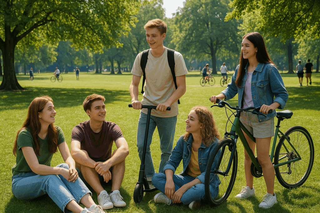 A photograph captures a sunny afternoon in a green