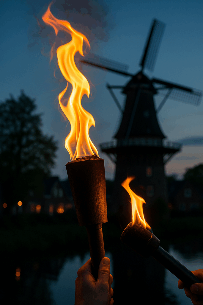 A photograph captures a torch with flames being li