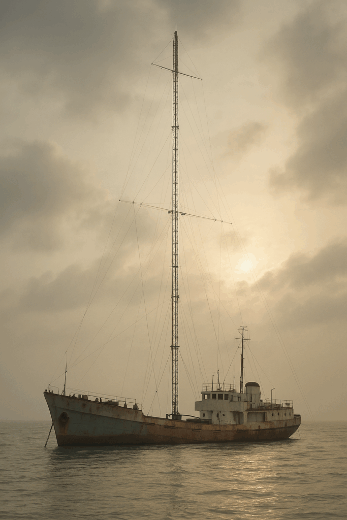 A photograph captures a vintage offshore radio shi