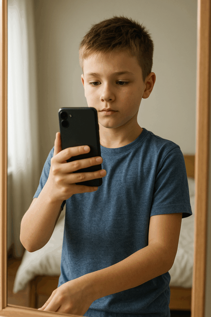 A photograph captures a young boy with light skin