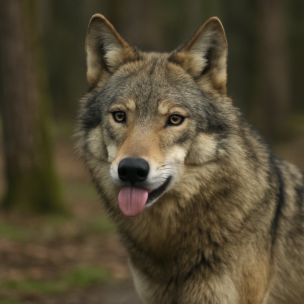A photograph captures an adult wolf in a natural f