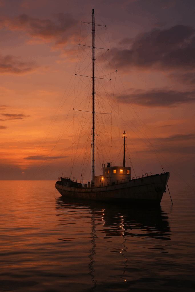 A photograph captures an old radio ship anchored i