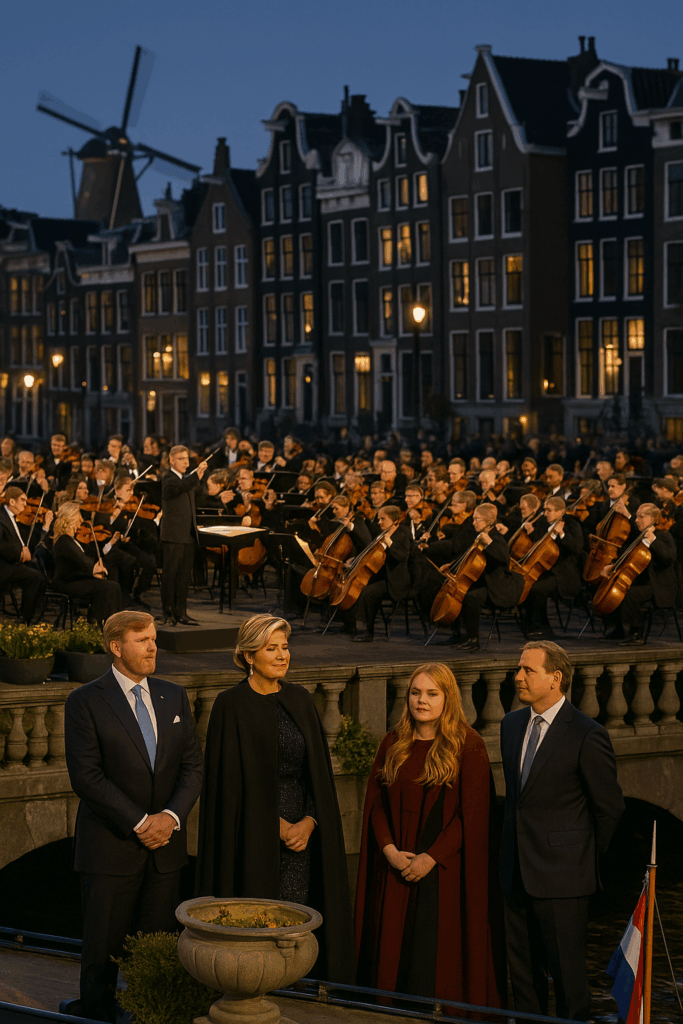 A photograph captures an outdoor evening orchestra