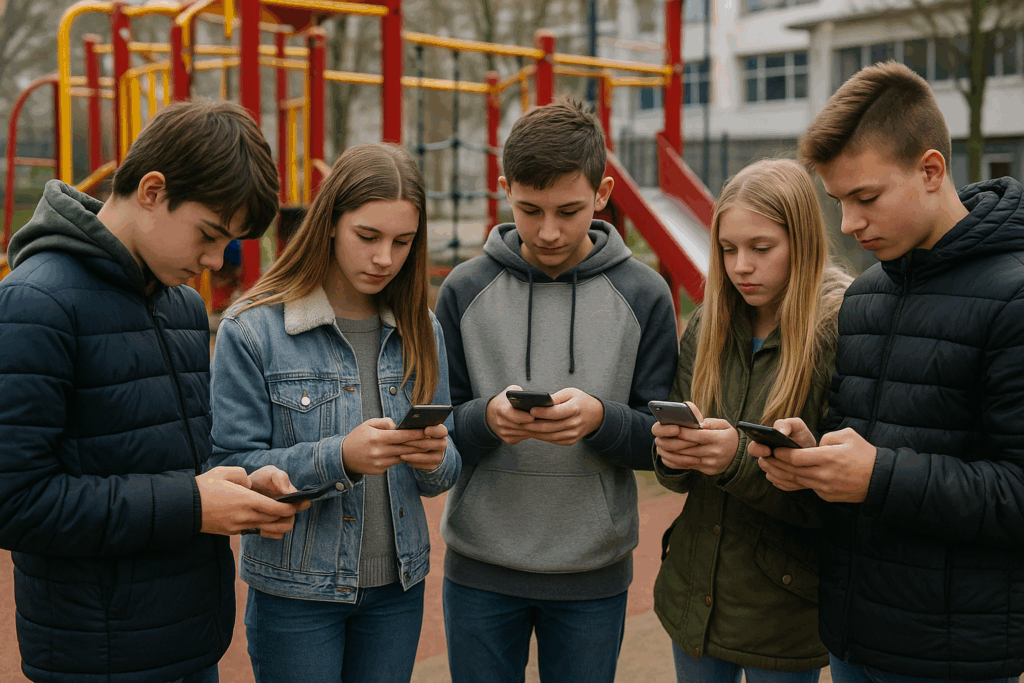 A photograph captures five teenagers with light sk