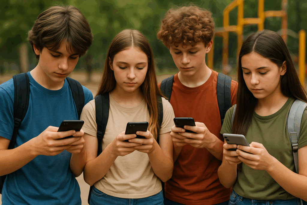 A photograph captures four teenagers with light sk
