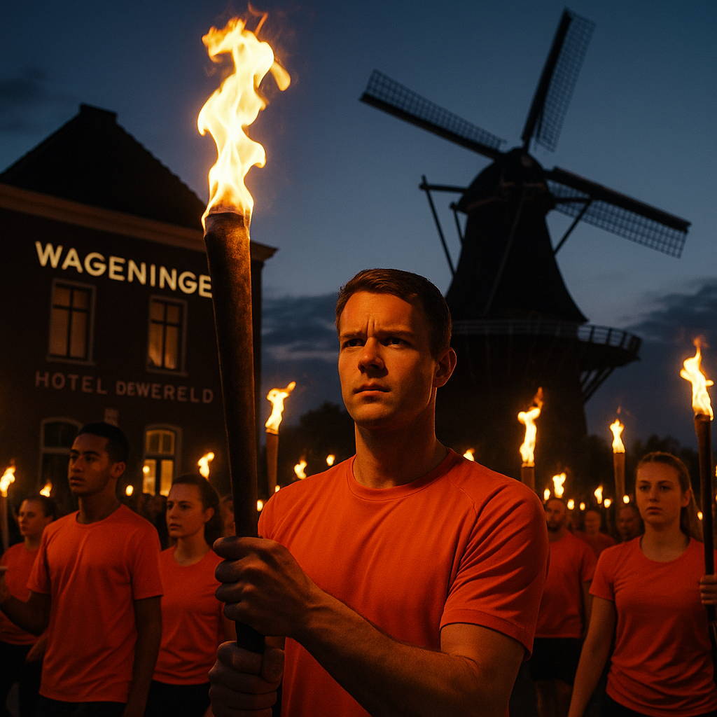 A photograph captures torchbearers during an eveni
