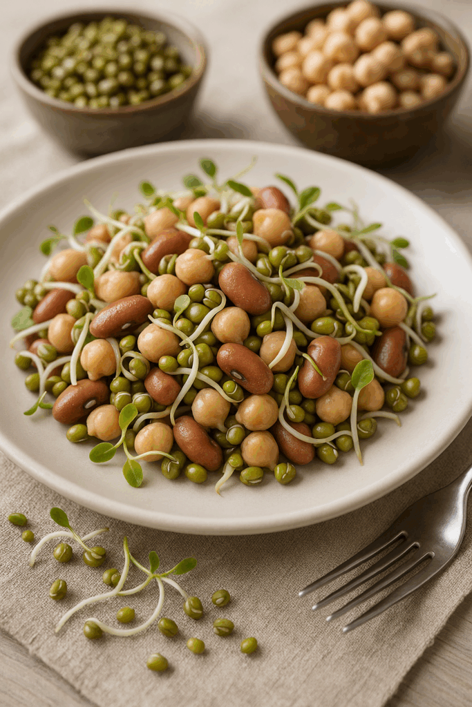 A photograph features a bean salad served on a mat