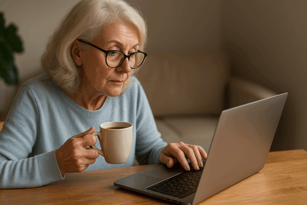 A photograph features an elderly Caucasian woman w