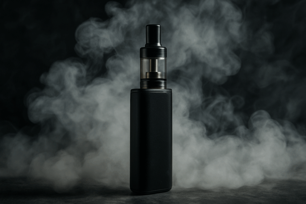 A photograph of a black vape pen with a rectangula