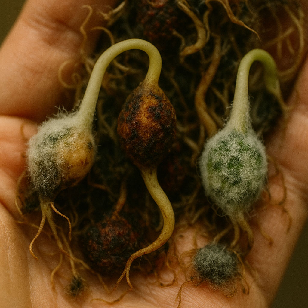 A photograph presents a close up of moldy sprouts