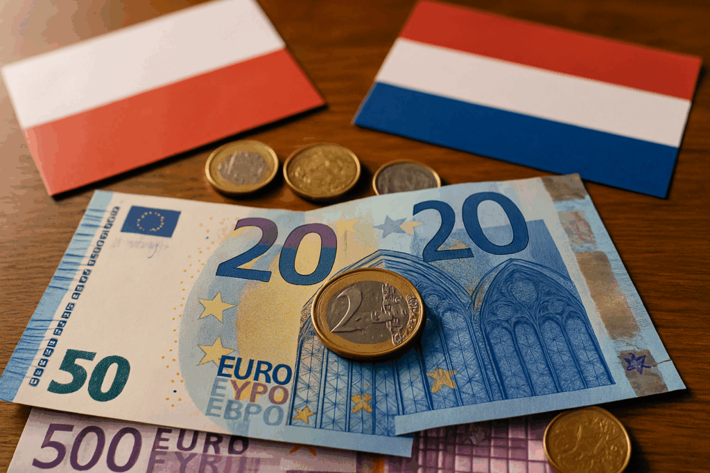 A photograph showcases Euro banknotes and coins sc