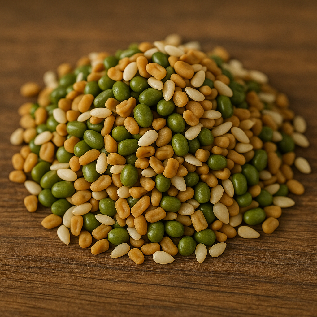 A photograph showcases a pile of various seeds in