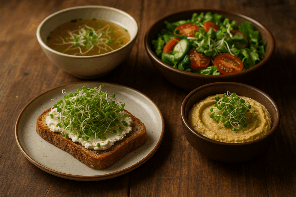 A photograph showcases four dishes featuring sprou