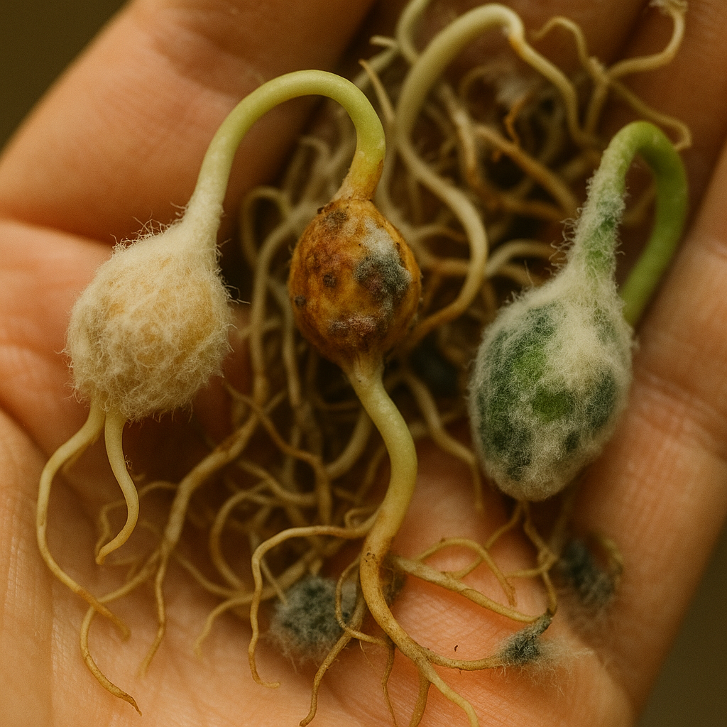 A photograph showcases moldy sprouts held in the p