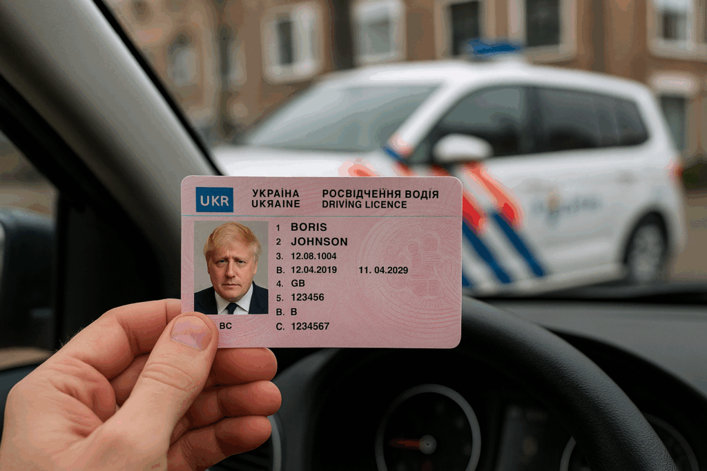 A photograph shows a Ukrainian drivers license be