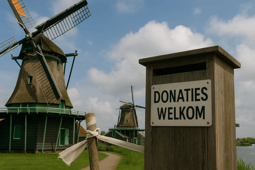 A photograph captures a traditional Dutch windmill