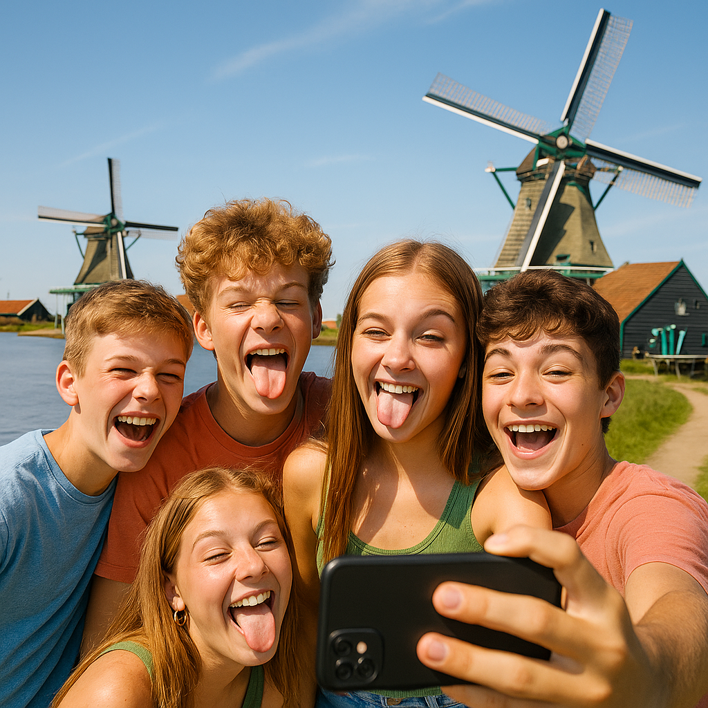 A photograph of four teenagers with light skin tak