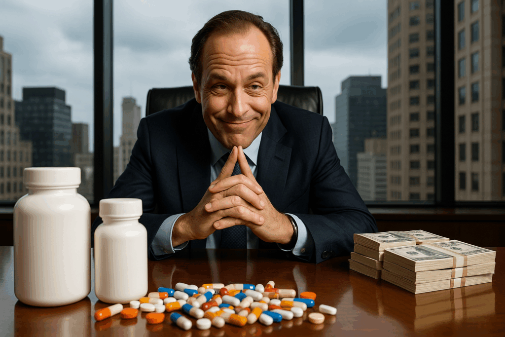 A photograph displays a pharmaceutical executive o