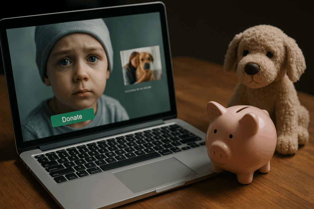 A photograph showcases a laptop a piggy bank and