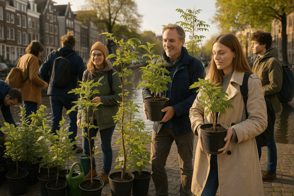 Mieszkańcy Amsterdamu odbierają darmowe drzewka w doniczkach podczas akcji De Gezonde Stad – ekologiczna inicjatywa na rzecz bardziej zielonego miasta.
